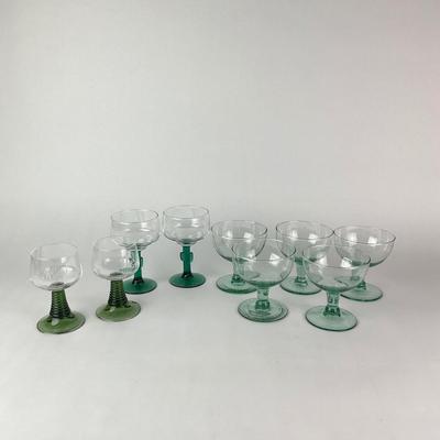 K35 Lot of 9 Green Crystal and Glass Stemware