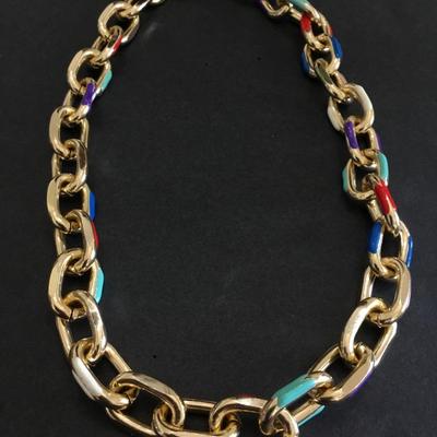 Cute vintage, gold tone, chunky multicolored, enamel chain link necklace super cute
