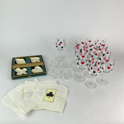 K44 Deck of Card Suits Theme Dishes, Wine Glasses, Linen Napkins