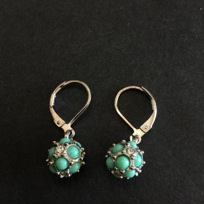 Cute sea green turquoise, silver tone, dangle earrings