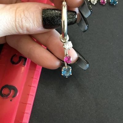 vintage, 7 in 1 hoop earings Diamonique DQ CZ 925 sterling, silver, pink blue white stones