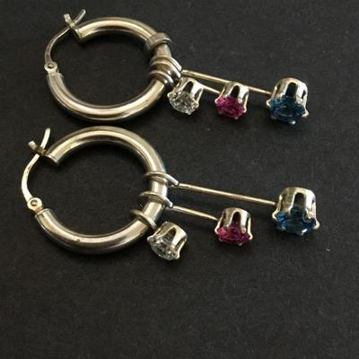 vintage, 7 in 1 hoop earings Diamonique DQ CZ 925 sterling, silver, pink blue white stones