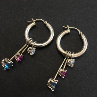 vintage, 7 in 1 hoop earings Diamonique DQ CZ 925 sterling, silver, pink blue white stones