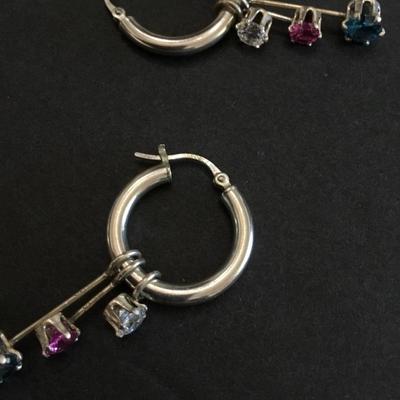 vintage, 7 in 1 hoop earings Diamonique DQ CZ 925 sterling, silver, pink blue white stones