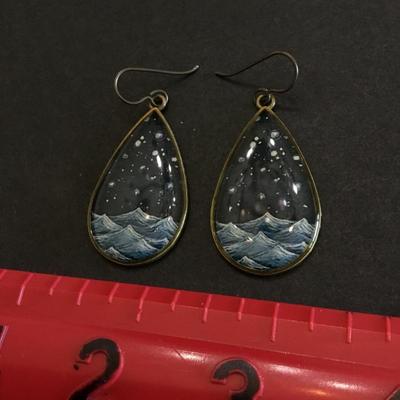 Vintage bronze, toned, snowy mountain scene, enamel statement earrings