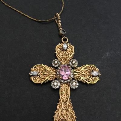 Beautiful, antique, gold, filigree tone cross necklace