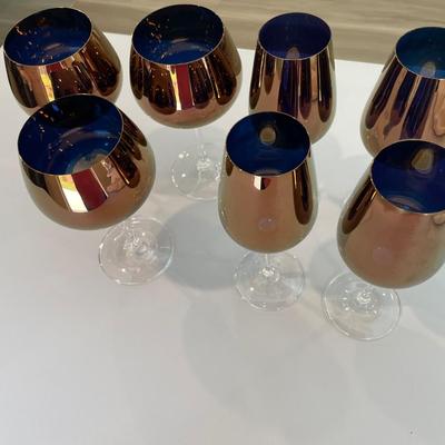 7 assorted Wine Glasses Blue/Copper colored