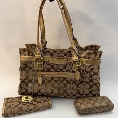 Coach Penelope Beige Canvas Leather Satchel Shoulder Bag (with Wallet & Glasses Case)