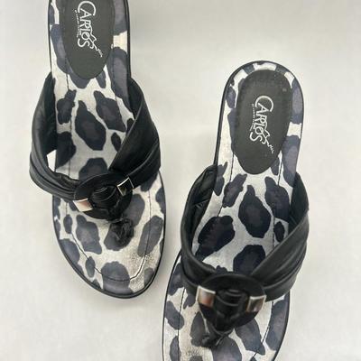 Carlos Santana - Black & Silver Leopard Heeled Sandals Women's Shoes 8.5