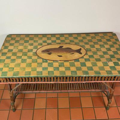 075 Rattan Bamboo Handpainted Checkered Table With Hand-painted Fish