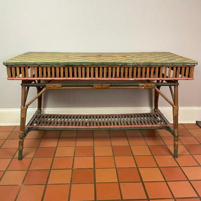 075 Rattan Bamboo Handpainted Checkered Table With Hand-painted Fish