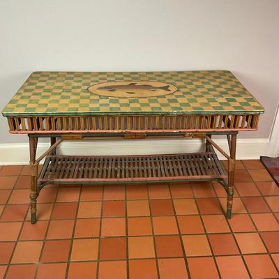075 Rattan Bamboo Handpainted Checkered Table With Hand-painted Fish