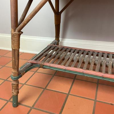 075 Rattan Bamboo Handpainted Checkered Table With Hand-painted Fish