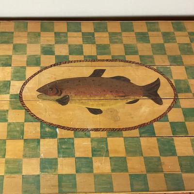 075 Rattan Bamboo Handpainted Checkered Table With Hand-painted Fish