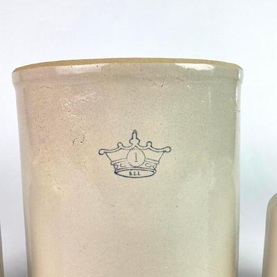 084 Vintage Robinson Rausbottom Blue Crown Stoneware Crock With Two Small Stoneware Jars