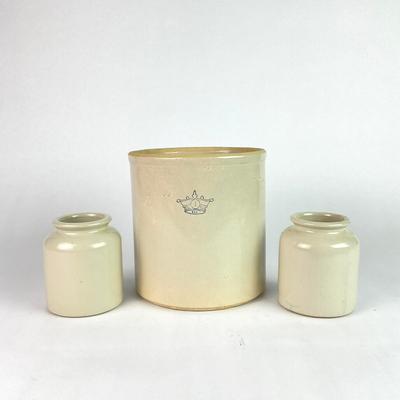 084 Vintage Robinson Rausbottom Blue Crown Stoneware Crock With Two Small Stoneware Jars