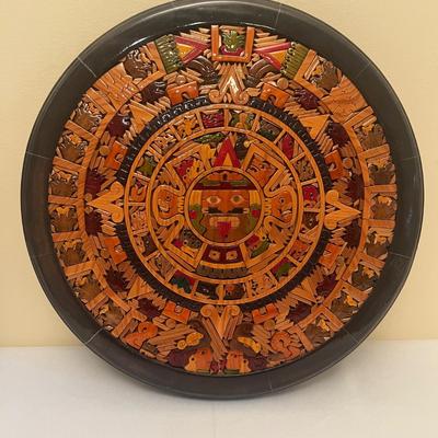 Wooden Inlaid Mayan Aztec Calendar & Stone Figure (LR-MG)