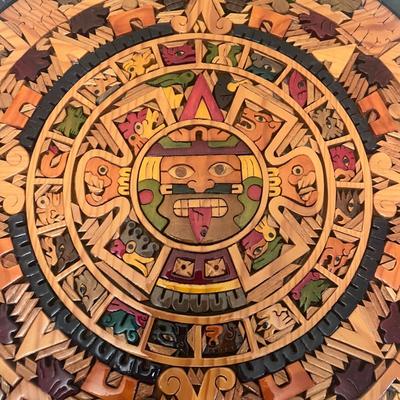 Wooden Inlaid Mayan Aztec Calendar & Stone Figure (LR-MG)
