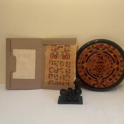 Wooden Inlaid Mayan Aztec Calendar & Stone Figure (LR-MG)