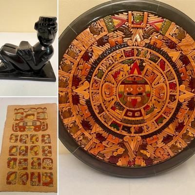 Wooden Inlaid Mayan Aztec Calendar & Stone Figure (LR-MG)