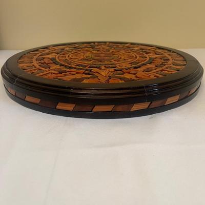 Wooden Inlaid Mayan Aztec Calendar & Stone Figure (LR-MG)