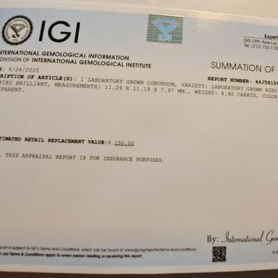 IGI CERTIFIED LAB GROWN RUBY 8.90 CT