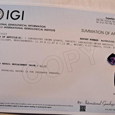 IGI CERTIFIED LAB GROWN AMETHYST 6.27 ct