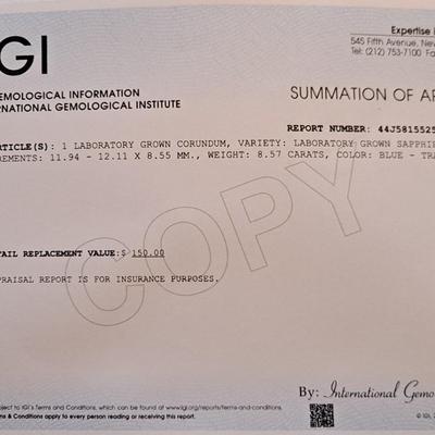 IGI CERTIFIED LAB GROWN SAPPHIRE 8.57ct
