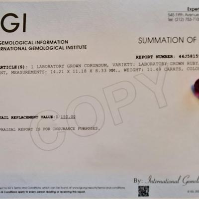 IGI CERTIFIED LAB GROWN RUBY 11.49 CTS