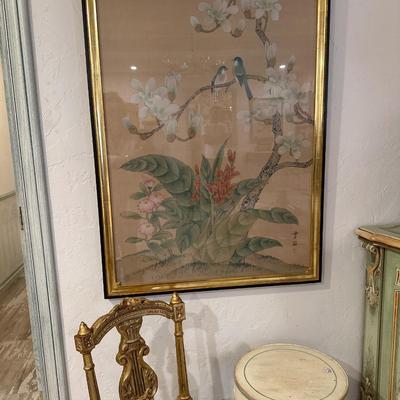Furniture - Hekman accent table & Gilt Chair w/ Art & decor