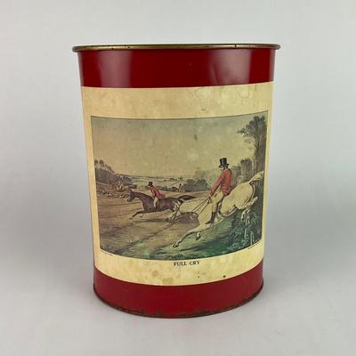K91 Currier & Ives Lithograph Print " Full Cry " Hunting Horn Tin Bin