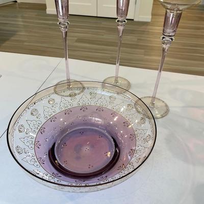 Pier 1 Raja Hand Blown Glass Candlestick holders and Large Bowl