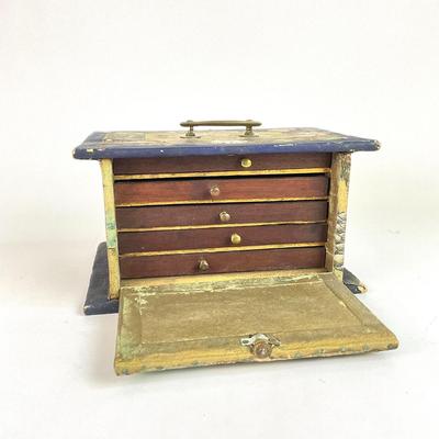 L136 Antique Oriental Mahjong Box with 5 Small Drawers