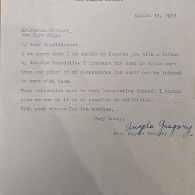 Sculptor Angela Gregory Signed Letter