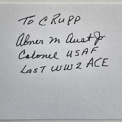 WW2 flying ace Abner M. Aust Jr. signed note