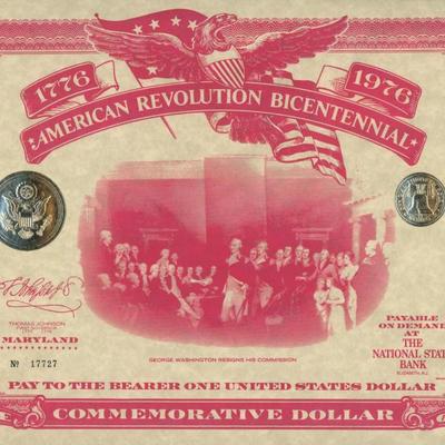 American Revolution Bicentennial Commemorative One Dollar Certificate/First Day Cover, Maryland