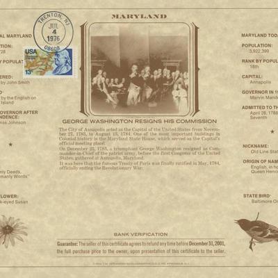 American Revolution Bicentennial Commemorative One Dollar Certificate/First Day Cover, Maryland