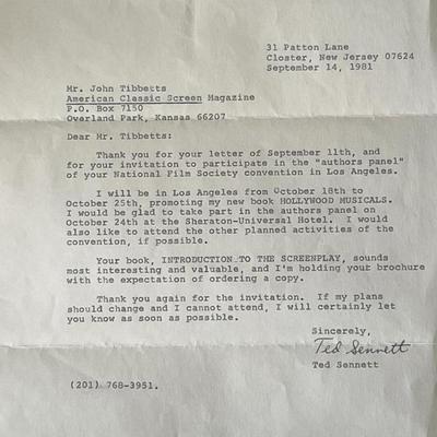 Author Ted Sennett signed letter