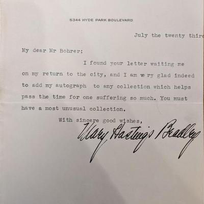 Mary Hastings Bradley Signed Note