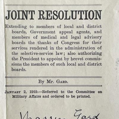 Political Resolution 1919 Warren Gard signed letter