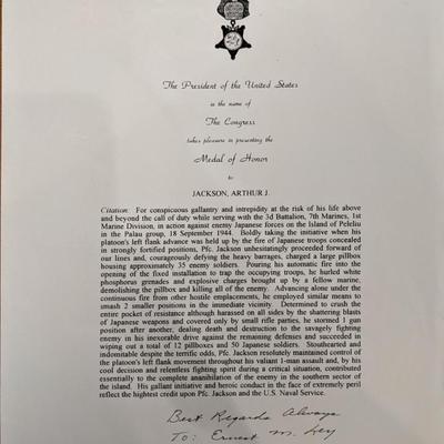 WW2 MOH Recipient Arthur J. Jackson Signed Page
