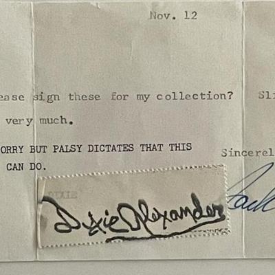Dixie Alexander signed note