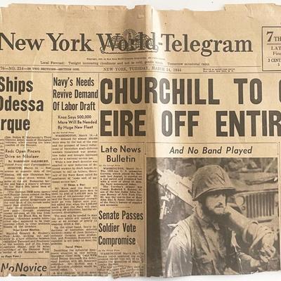 WWII 1944 New York World Telegram Original Vintage Newspaper - Churchill to Cut of Eire Entirely