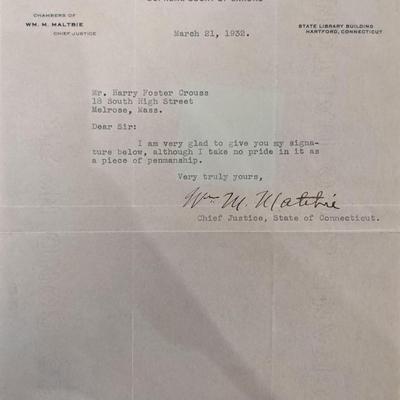 Connecticut Chief Justice W.M. M. Maltbie Signed Letter