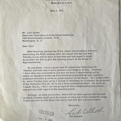 US House of Representatives Carl Albert signed letter
