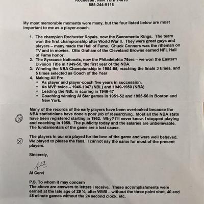 Al Cervi Signed Letter