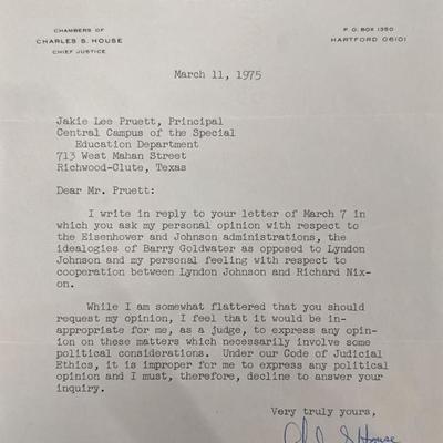 Connecticut Chief Justice Charles S. House Signed Letter