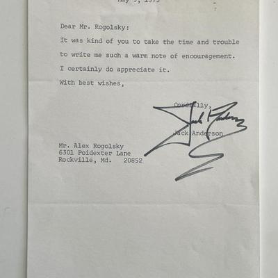 Newspaper columnist Jack Anderson signed note