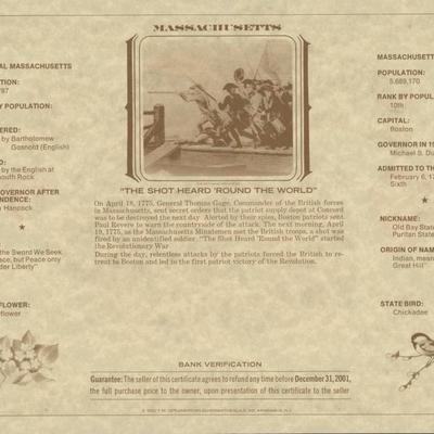 American Revolution Bicentennial Commemorative One Dollar Certificate, Massachusetts