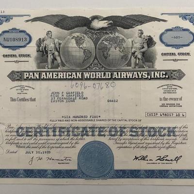 Pan American World Airways, INC Six Hundred Five Shares Certificate of Stock